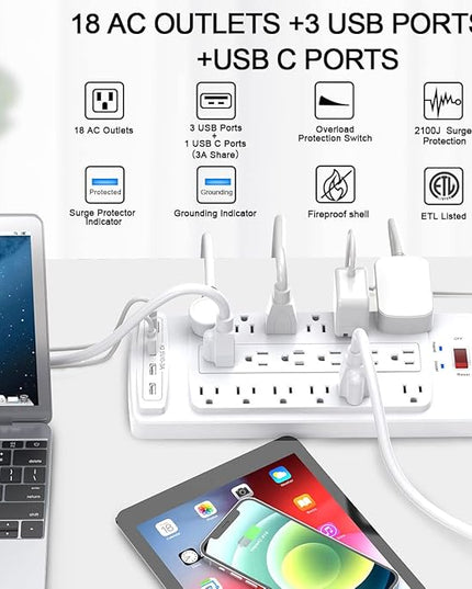 18 Outlets Surge Protector Power Strip - 10 Feet Flat Plug Heavy Duty Extension Cord with 18 Widely Outlets and 4 USB Ports, 2100 Joules, White, ETL Listed