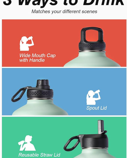 Coolflask 128 oz Gallon Water Bottle Insulated with Straw&3 Lids, Water Jug Large Stainless Steel Metal Vacuum Wide Mouth for Sports, Gym or Office, Non-BPA Keep Cold 48H Hot 24H, Ombre Green