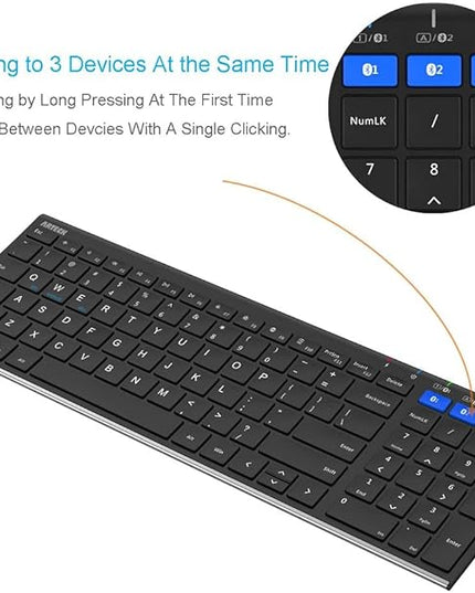 Arteck HB193 Universal Bluetooth Keyboard Multi-Device Stainless Steel Full Size Wireless Keyboard for Windows, iOS, Android, Computer Desktop Laptop Surface Tablet Smartphone Rechargeable Battery