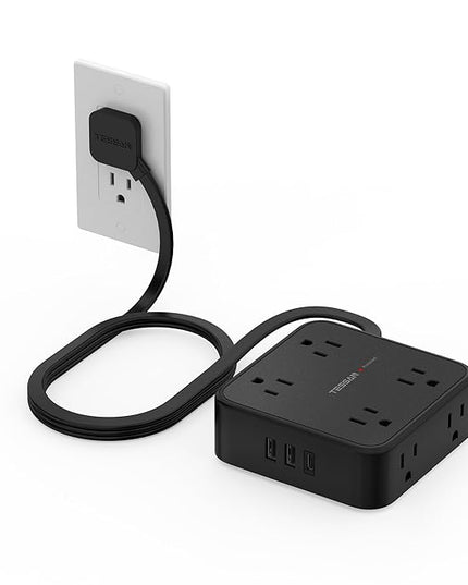 Surge Protector Power Strip, TESSAN 5 FT Black Flat Extension Cord with 8 AC Outlets 3 USB Ports (1 USB C), 900J Protection, 1875W, 3 Sided Wall Plug Extender, Desk Charging Station for Office, Dorm