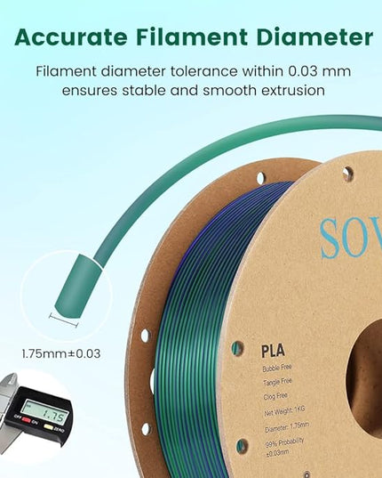 Sovol PLA Filament Silk Tri Color Co-Extrusion 1.75mm, 3D Printer Filament 1kg/ 2.2lbs, Shiny Silk Bronze Purple Green 3 in 1 Coextrusion PLA Material +/-0.03mm
