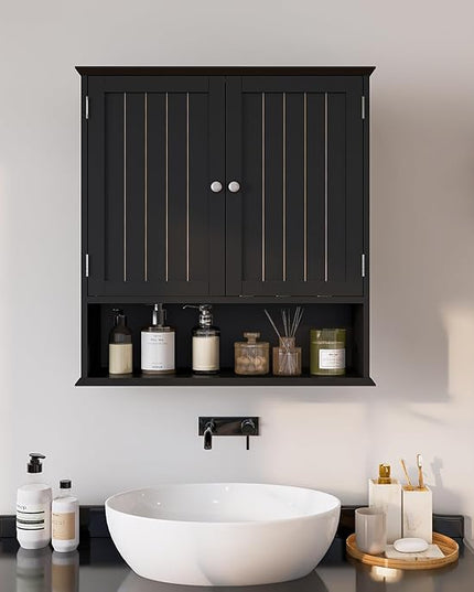 Over The Toilet Bathroom Wall Cabinet with 2 Doors & Open Shelf – Space Saving Medicine Cabinet, Wooden Wall Mounted Storage Cupboard for Bathroom Organization Black