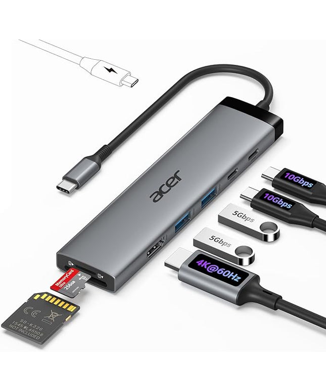 Acer 8 in 1 USB C Hub 10Gbps, USBC to HDMI Adapter 4K@60Hz, 2×USB-C 3.2, 2×USB A 3.0 Data Transfer, 100W PD Port Type C Multiport Splitter with SD/TF Card Reader, for Laptop, PC, Desktop, iPad Pro