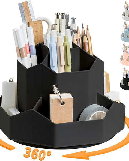 Pencil Pen Holder for Desk,9 Slots 360 Degree Rotating Desk Organizers,Desktop Storage Stationery Supplies Organizer, Cute Pencil Cup Pot For Office, School, Home(Black)