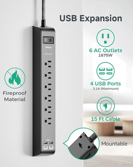 15FT Power Strip Surge Protector - 2 Pack Extension Cord with 6 Outlets 4 USB Ports, Flat Plug, 900 Joules, 15A Circuit Breaker, Wall Mount for Home Office Dorm