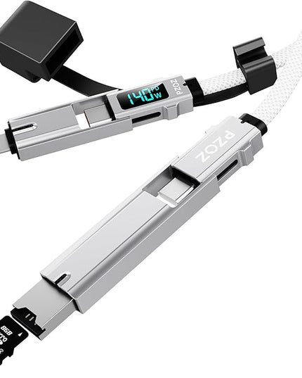 PZOZ Portable Keychain 5-in-1 OTG Cable with USB C Fast Charging LED Display and Micro SD/TF Card Reader, Multi USBC Charger Combo Lightning/Type C/USB A for iPhone iPad MacBook Samsung-140W 7.3 inch