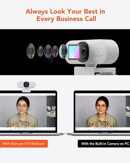 NUROUM V15AF 2K Webcam for PC, 1080p 60FPS AutoFocus Web Camera with Microphone, Privacy Cover and Mute, 75°FOV Dual Microphone USB FHD Computer Camera, Plug and Play for Zoom/Skype/Teams, White