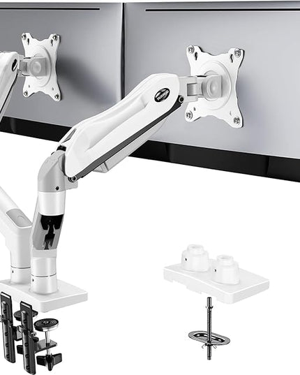 HUANUO Dual Monitor Stand - Full Adjustable Monitor Desk Mount Swivel Vesa Bracket with C Clamp, Grommet Mounting Base for 13 to 32 Inch Computer Screens - Each Arm Holds 4.4 to 19.8lbs - White