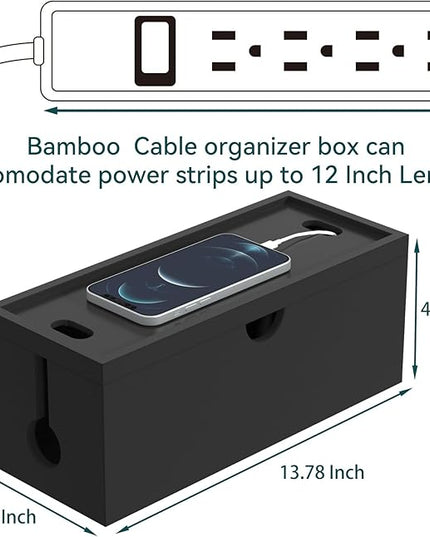 Bamboo Cable Management Box, Large Cord Organizer Box Cable Box to Hide Wires & Power Strips for Desktop Storage Cord Holder for Office Home,No Assembley Required (All Black, 1Medium)