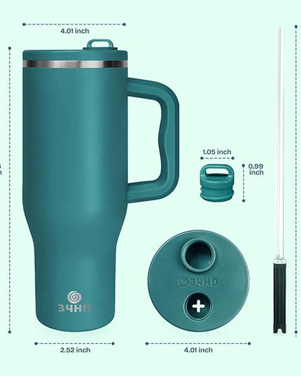 34HD 40 oz Stainless Steel Tumbler - Leakproof Insulated Water Bottle with Handle, Magnetic Lid and Flexible Straw - Iced for 48 Hours – Perfect for Men, Women, Birthday Gift, Green - Teal Mirage
