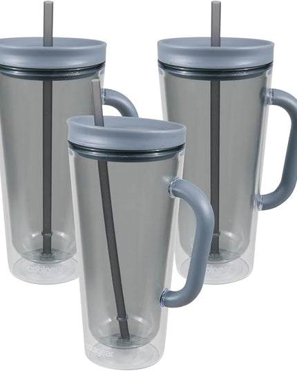 COOL GEAR 3-Pack 26 oz Spritz Tumbler with Straw and Handle | Pressure Fit Lid, Colored Re-Usable Tumbler Water Bottle with Straw and Handle - Cool Grey Pack