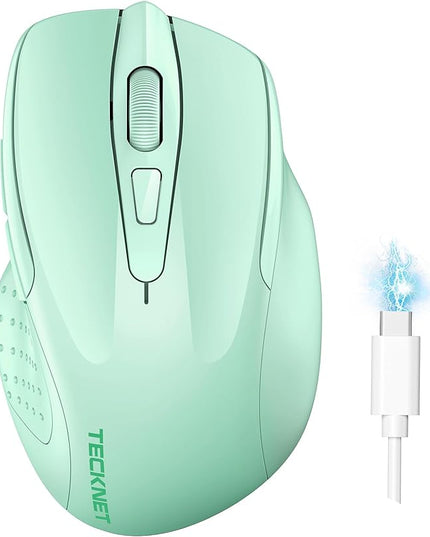TECKNET Wireless Mouse (BT5.0/3.0 & 2.4G) Rechargeable 4800 DPI Silent USB A & Bluetooth Mouse 6 Buttons, Wide Compatibility - Green