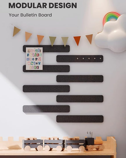 Fluxynara Cork Board Alternative Felt Strip Board 8-Pack 13"x2", Office Pin Board with 50 Push Pins, Adhesive Install for Bedroom Door & Home Office(Black)