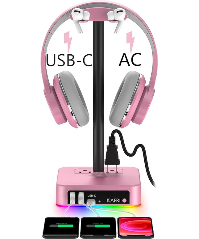 KAFRI RGB Headphone Stand with USB Charger Desk Gaming Headset Holder Hanger Rack with 3 USB Charging Port and 2 Outlet - Suitable for Gamer Desktop Table Game Earphone Accessories Girlfriend Gift