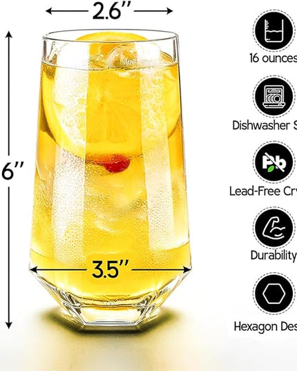 Crystal Beverage Glasses- Set of 6- Hexagon Design – 16oz Beer Tumbler & Highball Glass | Modern Tall Drinking Glass for Beer, Cocktails, Iced Tea, Cold Drinks & Everyday Use