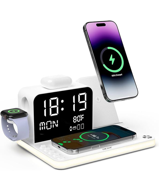 Acer 7-in-1 Wireless Charging Station with LED Clock - 30W Fast Wireless Charger for iPhone 16/15/14/13/12/Pro Max, Apple Watch, AirPods - Bluetooth Auto Time Sync & Night Lights (White)