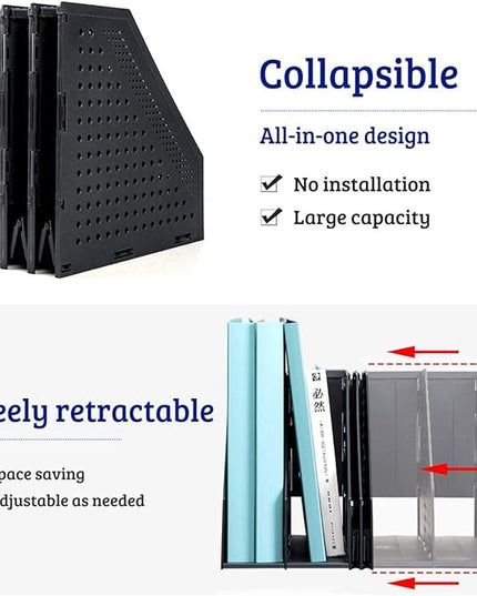 SAYEEC Collapsible Magazine Holder Plastic Desktop 4 Compartment File Rack Magazine Organizer Vertical File Divider Sorter Storage Document Organizer for Office Home School Black