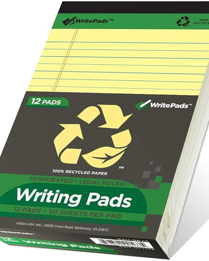 KAISA Yellow Legal Pads 12Pads Writing Pads Recycled Paper 5"x8" Norrow Ruled Lined Paper Small Legal pad Perforated 50 sheets/pad Notepads Writing Tablet Canary For Office Supplies (Canary 12pads)