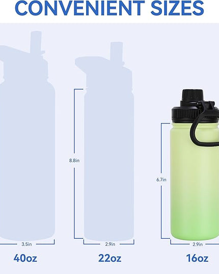 DOMICARE 16 oz Water Bottle Stainless Steel Double Wall Vacuum Insulated Water Bottle with Straw lids & Spout Lid, Leakproof