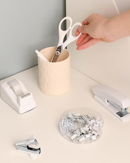 SKYDUE White Office Supplies Set, Desk Accessories, Stapler, Tape Dispenser, Scissors, Binder/Paper Clips and 1000pcs Staples, Office Decor for Women