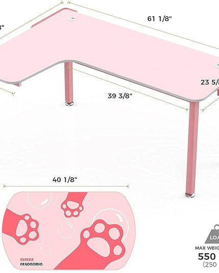 EUREKA ERGONOMIC Gaming Desk,60 Inch Pink L-Shaped Computer Desk, Corner Desk Gamer Desk Game Table with Free Mouse Pad for Girls Home Office Wood & Metal Space-Saving,Easy to Assemble,Pink