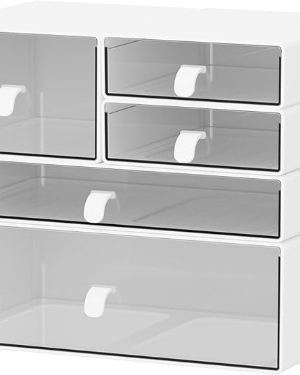 Desk Organizer Set, White & Clear Stackable Dustproof Storage Boxes for Desktop, Office, Bathroom, DIY Craft & Vertical Space Saving, Perfect for Makeup, Stationery Organization (5 Drawer)