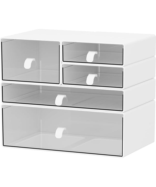 Desk Organizer Set, White & Clear Stackable Dustproof Storage Boxes for Desktop, Office, Bathroom, DIY Craft & Vertical Space Saving, Perfect for Makeup, Stationery Organization (5 Drawer)