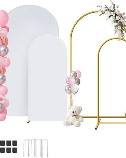 Metal Arch Backdrop Stand and Cover Set of 2 (7.2 ft/6 ft, White), Wedding Arch Backdrop Stand with White Cover for Party Birthday, Wedding, Bridal Shower, Baby Shower, Festival, Proposal, Anniversary