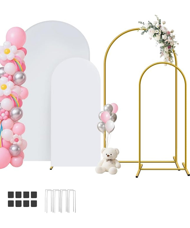 Metal Arch Backdrop Stand and Cover Set of 2 (7.2 ft/6 ft, White), Wedding Arch Backdrop Stand with White Cover for Party Birthday, Wedding, Bridal Shower, Baby Shower, Festival, Proposal, Anniversary