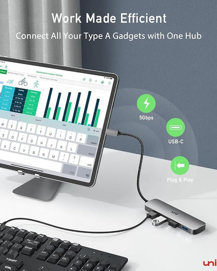 uni USB C to USB Hub Multiport Adapter, Aluminum 4 Ports USB C Splitter for Laptop, Slim Thunderbolt 3/4 Data USB Hub Compatible for MacBook Pro/Air, iPad Pro, Dell, Chromebook | Keyboard, Mouse, HDD