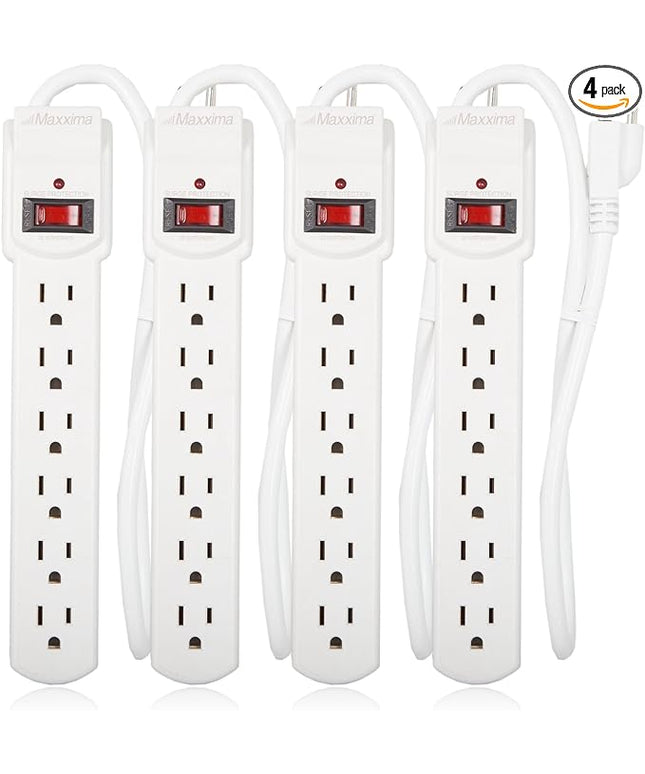 Maxxima 6 Outlet Power Strip Surge Protector - 300 Joules, Features Red On/Off Switch, 4 Pack, Powers Multiple Electronics and Devices Simultaneously, Perfect for Home Appliances - White