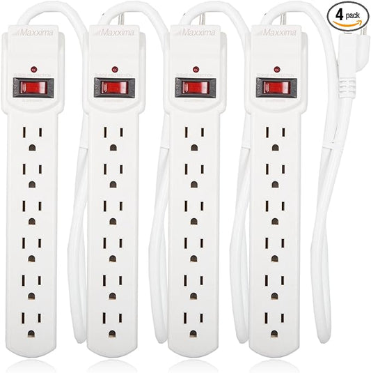 Maxxima 6 Outlet Power Strip Surge Protector - 300 Joules, Features Red On/Off Switch, 4 Pack, Powers Multiple Electronics and Devices Simultaneously, Perfect for Home Appliances - White