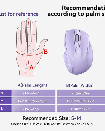TECKNET Wireless Mouse (2.4G & BT5.0/3.0) Silent 4800 DPI Computer USB A & Bluetooth Mouse 6 Buttons, Wide Compatibility - Lavender