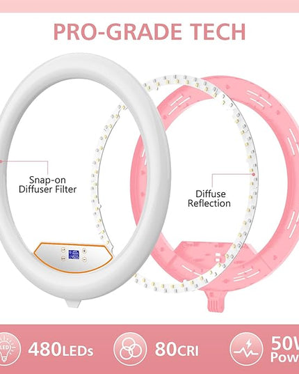 22" Large Ring Light with Stand,Foldable LED Big Ring Light Tripod for iPhone Phone Ipad, 75" Tall Tripod Touch Screen,Wireless Remote for Live Stream,YouTube,TikTok Video Shooting Pink