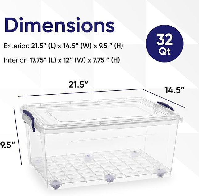 Superio Storage Bins with Lids- Clear Boxes for Organizing, Stackable Plastic Containers- BPA Free, Non-Toxic, Odor Free, Organizer for Home, Office, Dorm (8 Pack, 32 Qt (Wheeled))