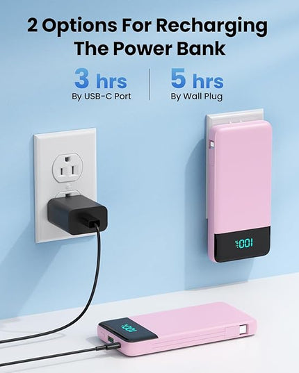 Portable Charger for iPhone with Built in Cables and Wall Plug,Upgraded 13800mAh Fast Charging USB C Power Bank,4 Outputs Travel Essential Battery Pack Compatible with iPhone 17/16/15/14,Samsung-Pink