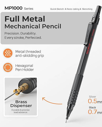 Nicpro 4 PCS Metal Mechanical Pencil Set 0.5 mm & 0.7mm with Case, Artist Pencil MP1000 with 6 Tubes HB Lead Refill, 3 Eraser, 9 Eraser Refill For Art Writing Drafting Drawing,Black & Silver