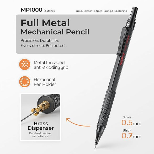 Nicpro 4 PCS Metal Mechanical Pencil Set 0.5 mm & 0.7mm with Case, Artist Pencil MP1000 with 6 Tubes HB Lead Refill, 3 Eraser, 9 Eraser Refill For Art Writing Drafting Drawing,Black & Silver