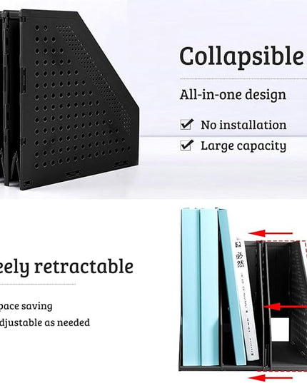 SAYEEC 1Pcs Collapsible Plastic Magazine File Holder Vertical Binder Storage Organizer for Desk Sturdy Upright Desktop Magazine Organizer Folder Rack for Office School Home (3 Compartments, Black)
