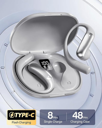 Wentronic Open Ear Headphones, Wireless Earbuds Bluetooth 5.4 with Digital Display, Secure Earhook, 48H Playtime, Enhanced Sound, Clear Calls, IP55 Waterproof Ultra-Light Sports Headphones - Silver
