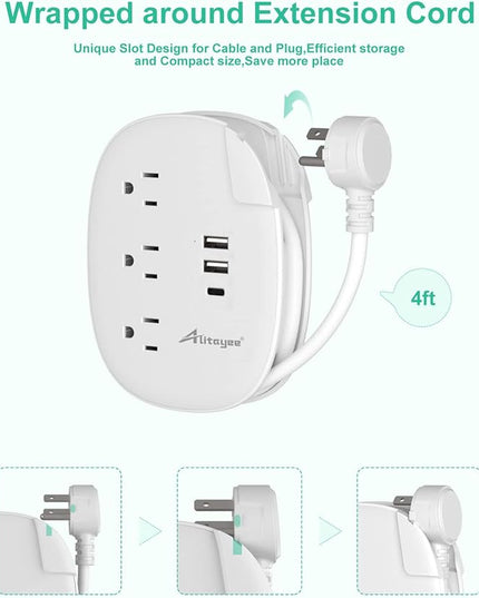 Alitayee USB C Travel Power Strip,Portable Power Strip with 3 Outlets 3 USB Ports Fast Charge, USB Extension Cord with Flat Plug and 4ft Wrapped Around Extension Cord for Cruise Travel Home Office