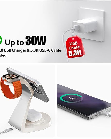 3 in 1 Charging Station for Apple Devices,Mag-Safe Charger Stand Fast Charging,Wireless Charger for iPhone 16/15/14/13/12 Series,& AirPods,& iWatch(USB Charger Included)