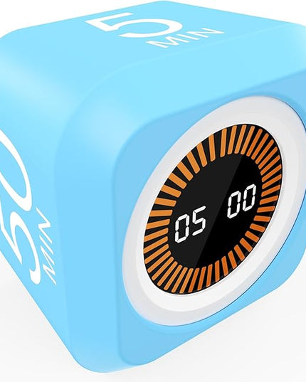 FCXJTU Rotating Pomodoro Cube Visual Timer 5, 25, 10 50 Minutes Preset, Rechargeable Desk Productivity Flip Timer w/Silicone Cover Custom Countdown, Silent Mode for ADHD, Study, Work, School(Blue)