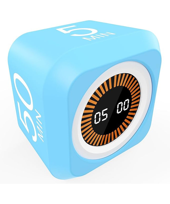 FCXJTU Rotating Pomodoro Cube Visual Timer 5, 25, 10 50 Minutes Preset, Rechargeable Desk Productivity Flip Timer w/Silicone Cover Custom Countdown, Silent Mode for ADHD, Study, Work, School(Blue)