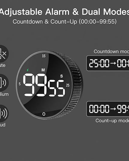 Rechargeable Magnetic Kitchen Timer, LED Countdown/Count-Up Timer, Supports USB-C Charging, with Loud Alarm, 3 Preset Quick Times (5/15/25m), Perfect for Kitchen Cooking, Studying, and Fitness