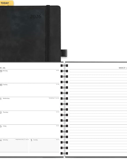POPRUN 2026 Planner Weekly Notebook (Jan-Dec), Medium 8.5''x 6.5'' - Agenda 2026 Calendar Book with Monthly Tabs, Inner Pocket, Spiral Soft Cover, 100 GSM - Black