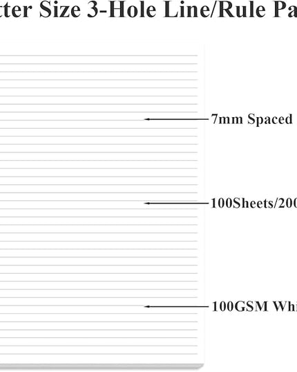 3-Hole Lined Refill Paper, Letter Size Punched Ruled Filler, 100 Sheets / 200 Pages, 100gsm White Paper, 8.5'' x 11''
