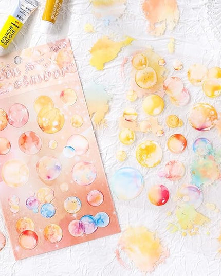 24 Sheets Precut Transparent PET Stickers for Journaling, 6 Assorted Colors, Watercolor Splash and Bubble Sticker for Scrapbooking, Junk Journal Supplies, Card Making, Collage, Arts Crafts