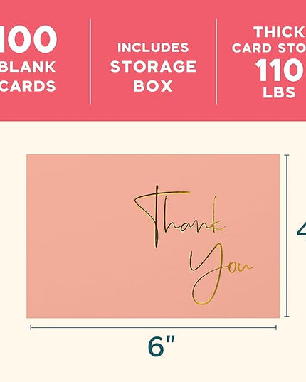 VNS Creations Gold Foil Thank You Cards With Envelopes Bulk Set & Stickers - 100 Pack 4x6 Blank Thank You Notes Box Set - Large Note Card Small Business, Wedding, Baby Shower & Bridal Shower - Peach