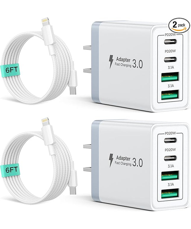 2 Pack USB C Wall Charger, 40W 4-Port USB C Fast Charger Block Dual Port QC+PD 3.0 Power Adapter, Multiport Type C Brick Charger with Lightning Cable for iPhone 14 13 12 11 Pro Max XS XR X 8 7 6 Plus